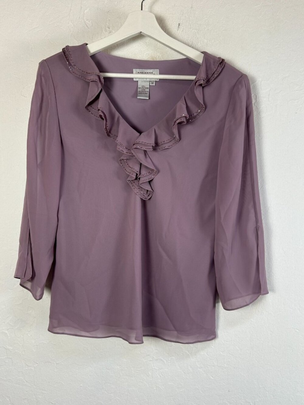 Adrianna Papell Womens Blouse Mauve Purple Ruffle V-Neck Beaded Chiffon Top 14